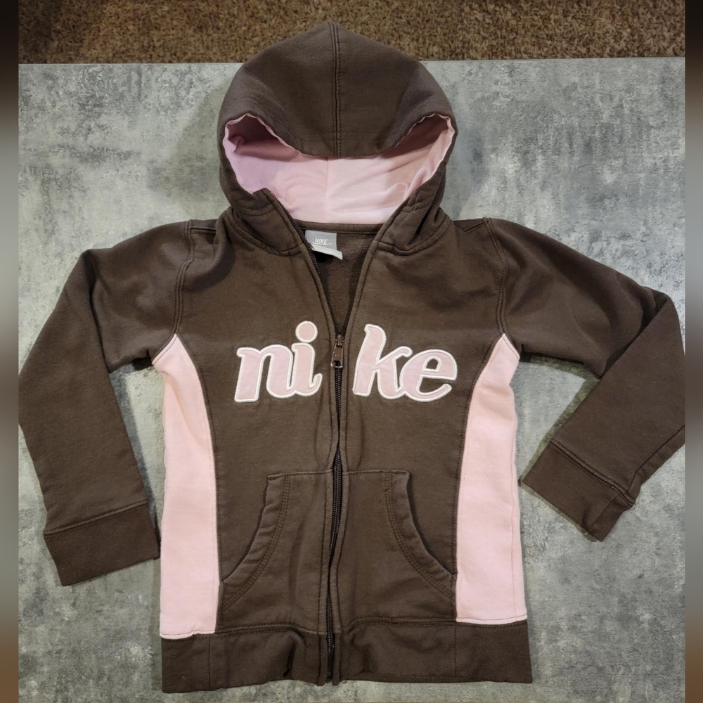Nike Girls Track Jacket Full Zip Hood Sweatshirt Brown Pink Size 6